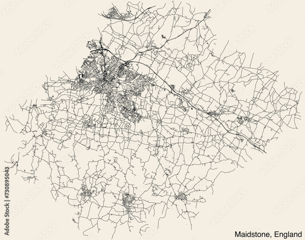 Detailed hand-drawn navigational urban street roads map of the United Kingdom city township of MAIDSTONE, ENGLAND with vivid road lines and name tag on solid background