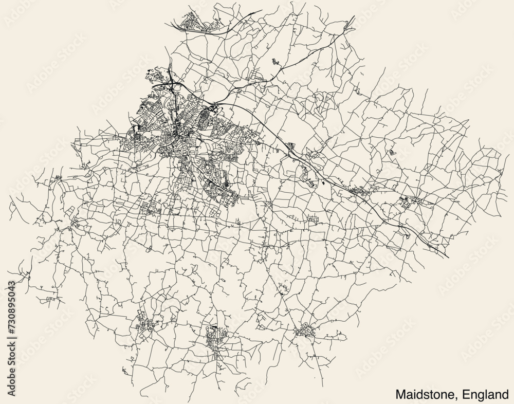 Fototapeta premium Detailed hand-drawn navigational urban street roads map of the United Kingdom city township of MAIDSTONE, ENGLAND with vivid road lines and name tag on solid background