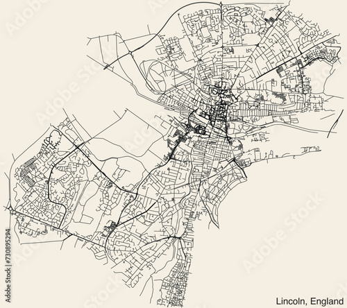 Detailed hand-drawn navigational urban street roads map of the United Kingdom city township of LINCOLN, ENGLAND with vivid road lines and name tag on solid background
