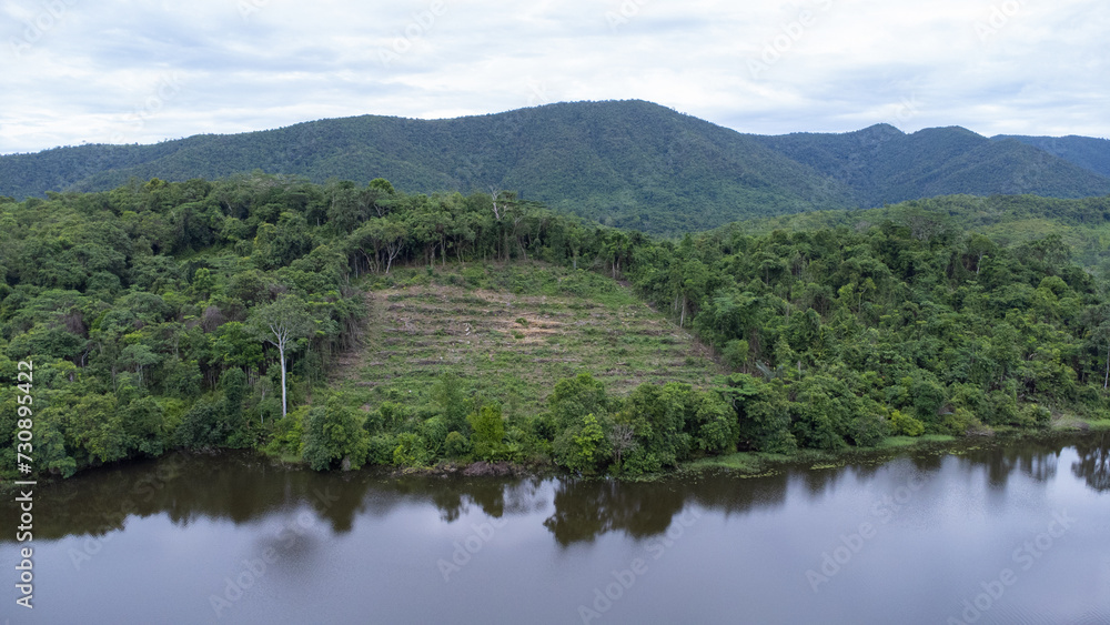 Aerial view of the lake in the mountainous area of South Kalimantan located in Sungai Dua village