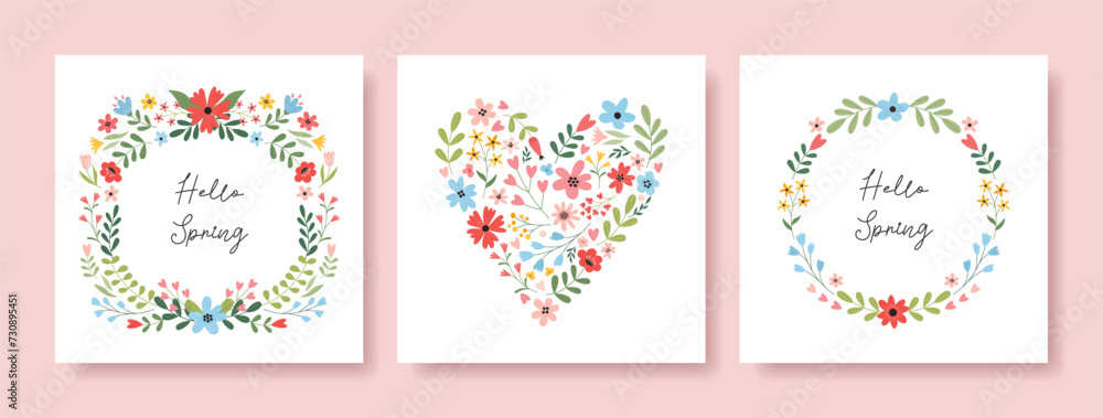 Set of spring backgrounds, greeting cards with beautiful flowers, floral frame, wreath, hearts. Lovely floral backgrounds. Vector templates for banner, invitation, poster, social media.