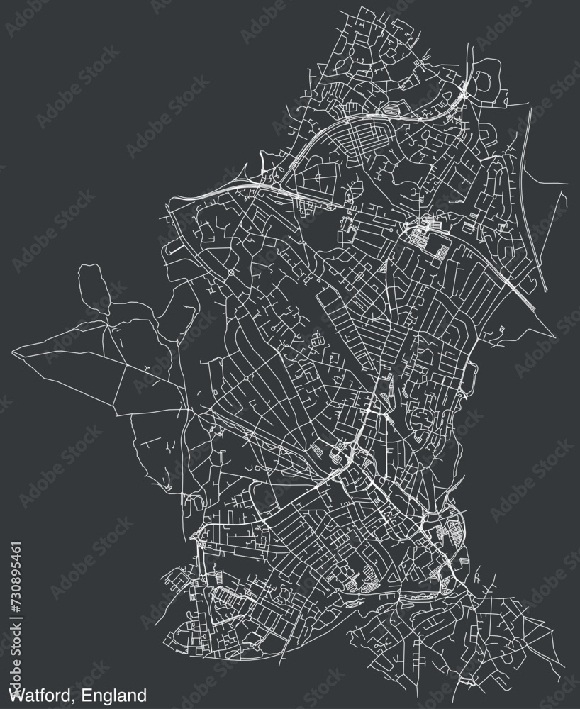 Detailed hand-drawn navigational urban street roads map of the United Kingdom city township of WATFORD, ENGLAND with vivid road lines and name tag on solid background