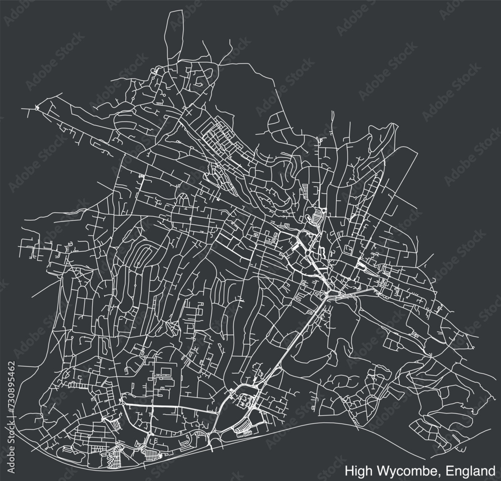 Detailed hand-drawn navigational urban street roads map of the United Kingdom city township of HIGH WYCOMBE, ENGLAND with vivid road lines and name tag on solid background