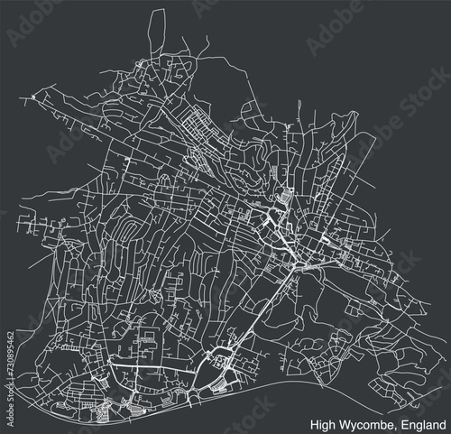 Detailed hand-drawn navigational urban street roads map of the United Kingdom city township of HIGH WYCOMBE, ENGLAND with vivid road lines and name tag on solid background photo