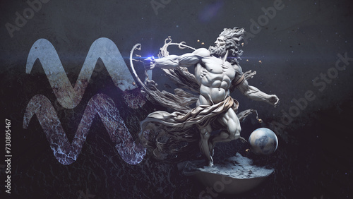 Uranus-Skulptur mit astrologischem Wassermann-Symbol vor dunklem Hintergrund. Illustration