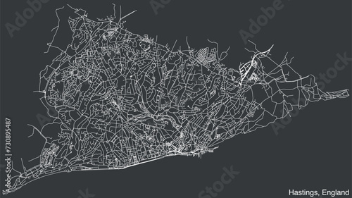 Detailed hand-drawn navigational urban street roads map of the United Kingdom city township of HASTINGS, ENGLAND with vivid road lines and name tag on solid background