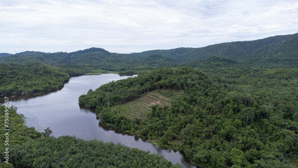Aerial view of the lake in the mountainous area of South Kalimantan located in Sungai Dua village