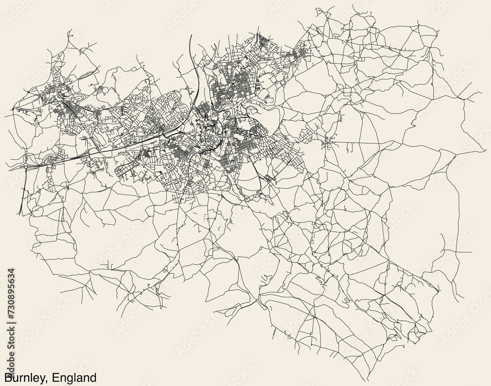 Fototapeta premium Detailed hand-drawn navigational urban street roads map of the United Kingdom city township of BURNLEY, ENGLAND with vivid road lines and name tag on solid background
