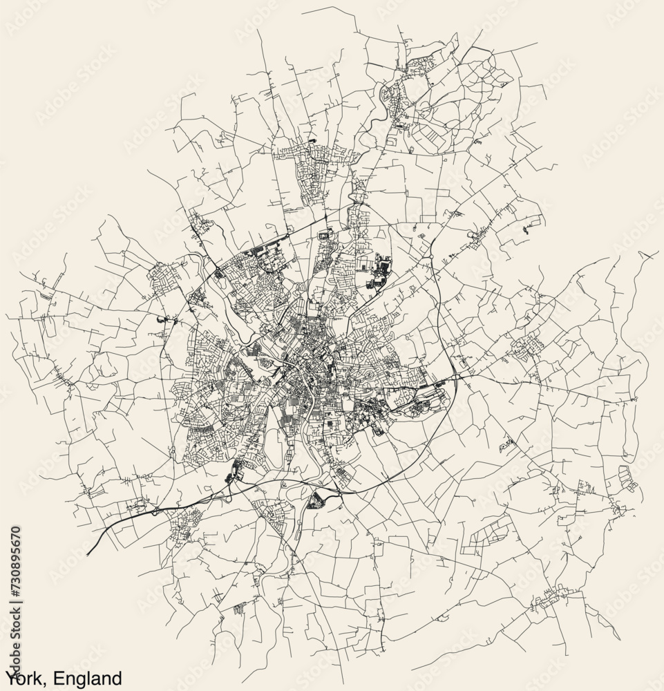 Detailed hand-drawn navigational urban street roads map of the United Kingdom city township of YORK, ENGLAND with vivid road lines and name tag on solid background Detailed hand-drawn navigational urban street roads map of the United Kingdom city township of YORK, ENGLAND with vivid road lines and name tag on solid background