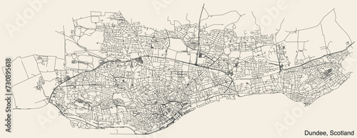 Detailed hand-drawn navigational urban street roads map of the United Kingdom city township of DUNDEE, SCOTLAND with vivid road lines and name tag on solid background