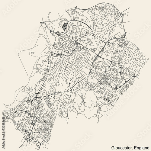 Detailed hand-drawn navigational urban street roads map of the United Kingdom city township of GLOUCESTER, ENGLAND with vivid road lines and name tag on solid background