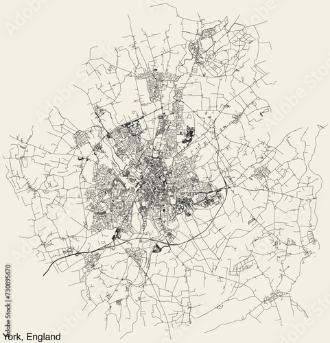 Detailed hand-drawn navigational urban street roads map of the United Kingdom city township of YORK, ENGLAND with vivid road lines and name tag on solid background