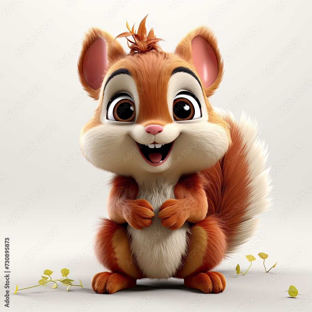 Stylized 3d illustration of a friendly squirrel cartoon character isolate on a white background. 3D art of a red squirrel. Cute squirrel print for clothing, stationery, books, children's products.