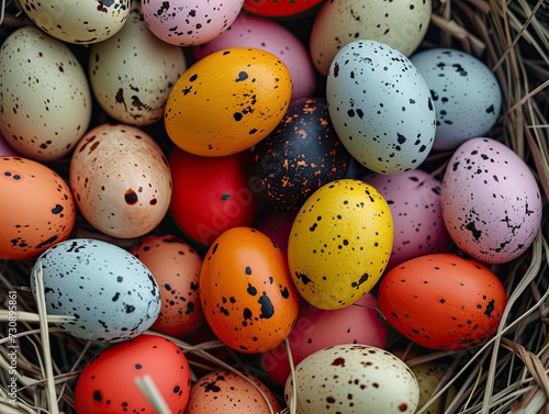 Beautiful Easter eggs, close up, top view, background