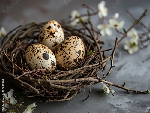 Quail eggs in a small nest of twigs, Easter decoration