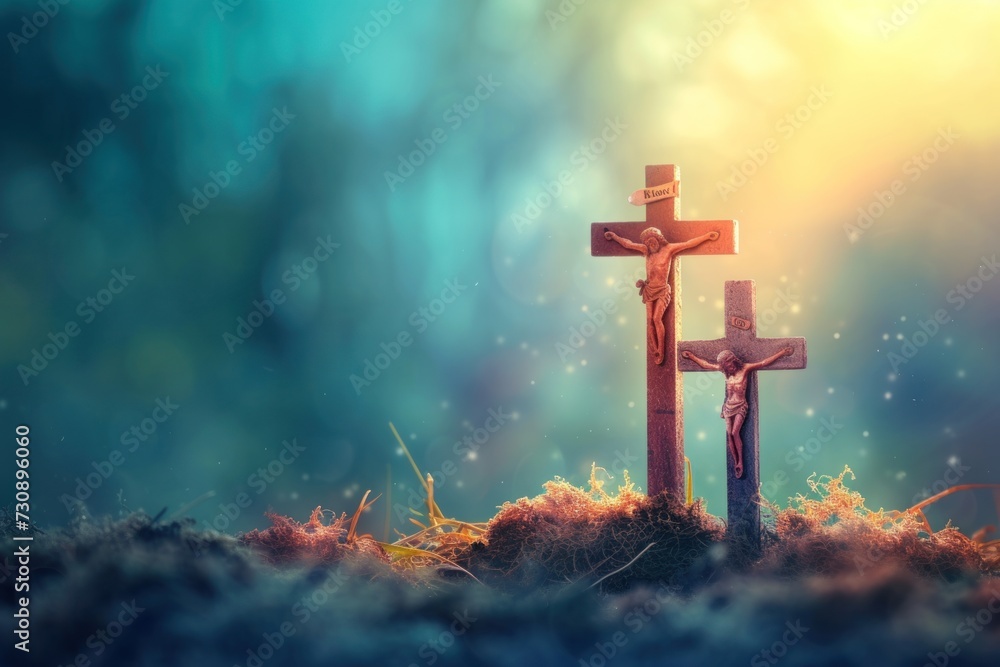 Two crucifixes at dawn with 'He is Risen' message, symbolizing the Easter resurrection - obrazy, fototapety, plakaty 