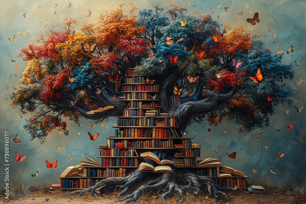 Fall's Bookish Bonanza: A Tree of Books and Butterflies Generative AI - obrazy, fototapety, plakaty 