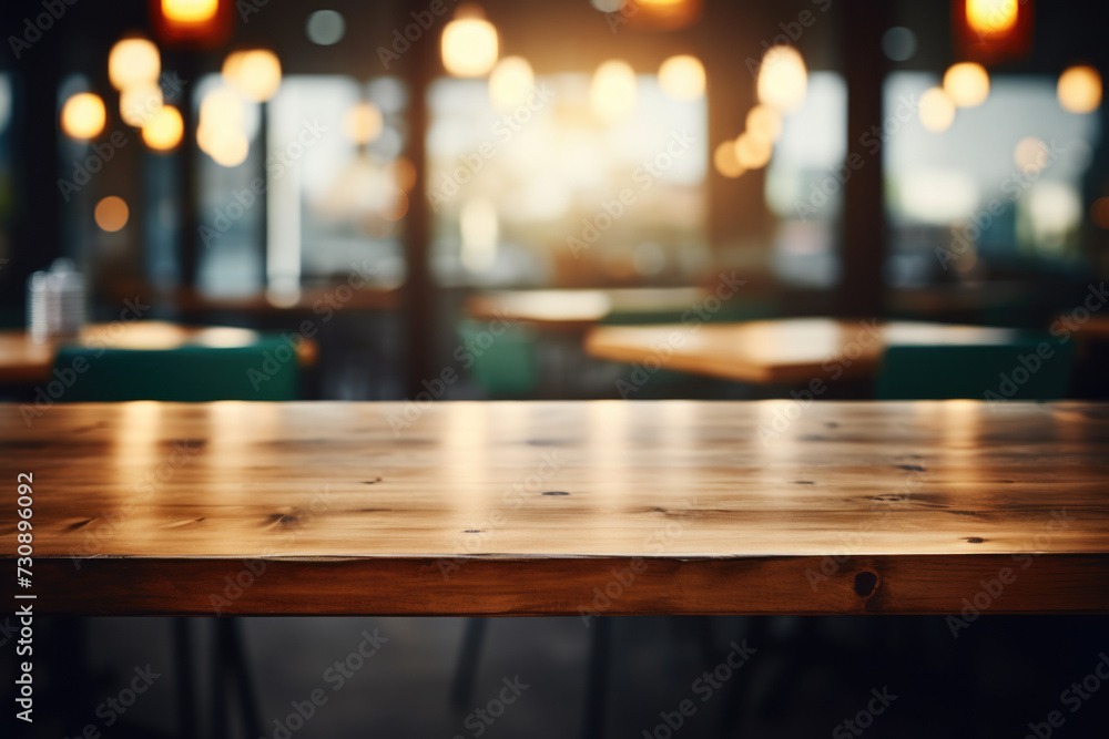 Wooden Table with Background Lights in Restaurant