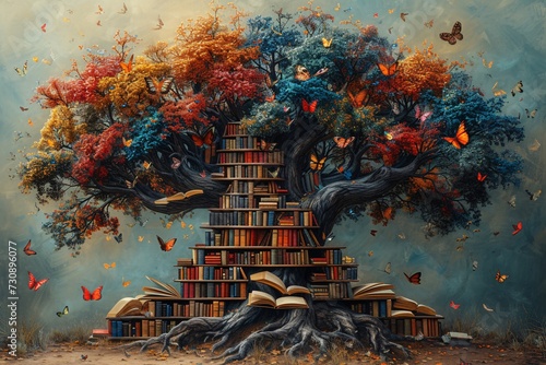 Fall's Bookish Bonanza: A Tree of Books and Butterflies Generative AI photo