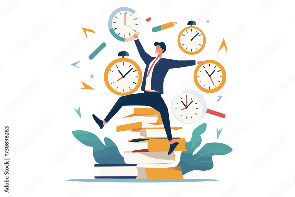Efficient Time Management and Productivity Concept, Businessman with Clock Balancing Work and Life, Prioritizing Tasks and Deadlines.
