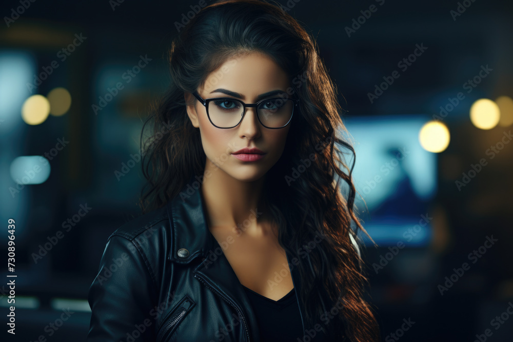 Woman in Glasses and Leather Jacket Woman in Glasses and Leather Jacket