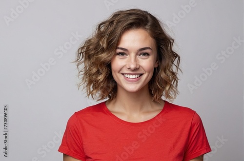 Portrait of young beautiful Caucasian woman cheerful smiling looking at camera. Studio photo isolated on white background.