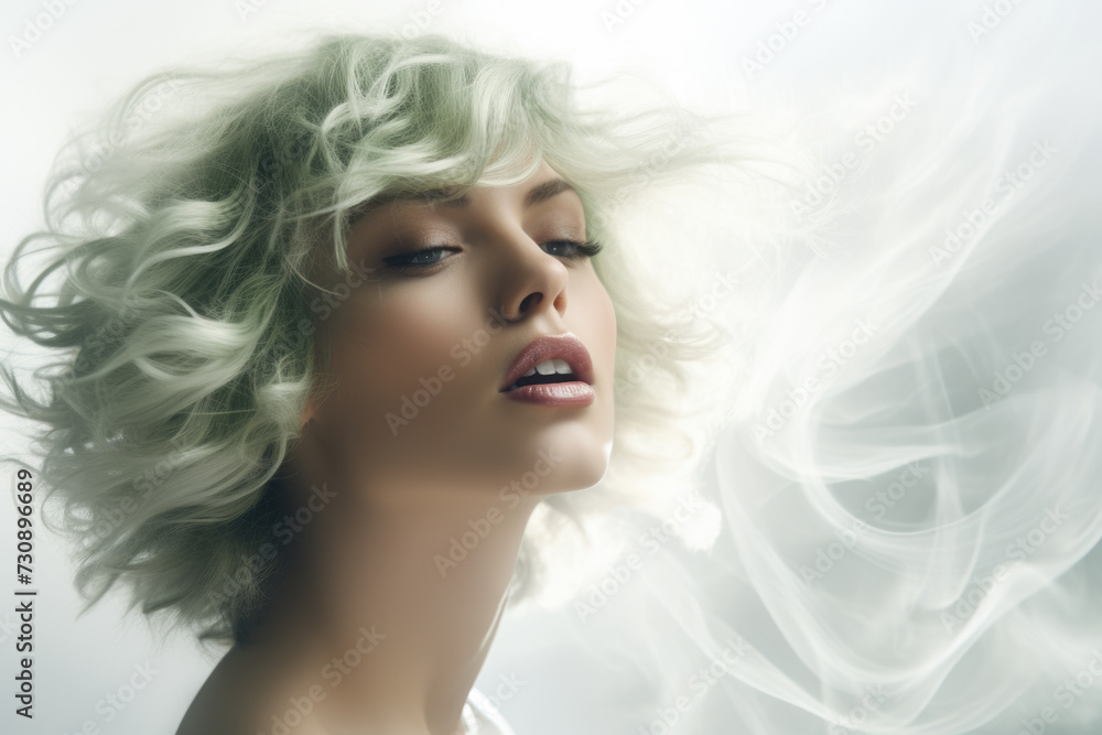 Woman with Green Hair and Smoke in Air