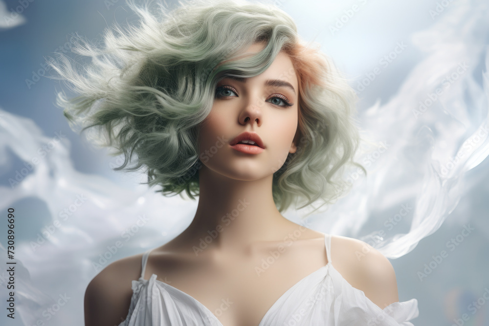 Woman with Green Hair and White Dress