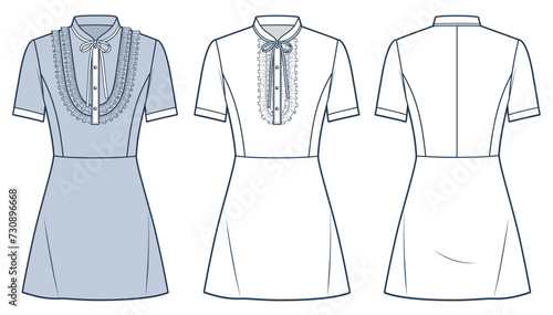Tie Neck Dress technical fashion Illustration. Ruffled mini Dress fashion flat technical drawing template, short sleeve, button, front and back view, white, blue, women CAD mockup set.