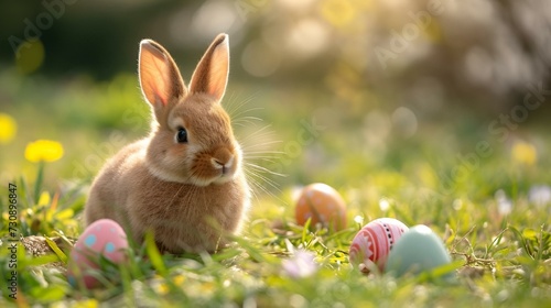 AI-generated illustration of a cute bunny beside a colorful array of Easter eggs in a green meadow