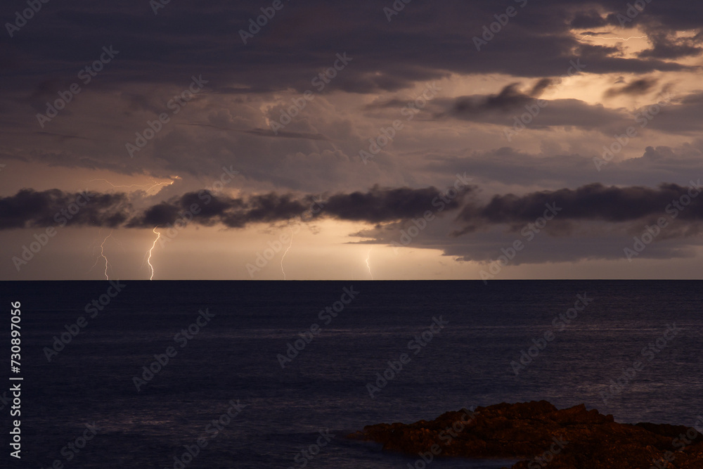Thunderstorm with lightning, over the Mediterranean Sea  in the South of France