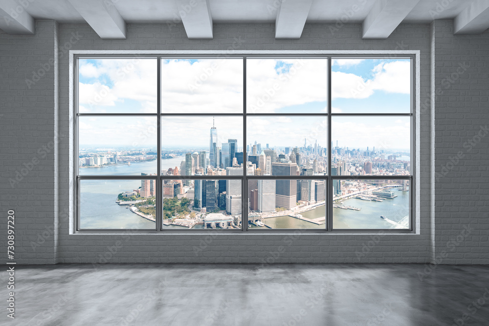 Fototapeta premium Downtown New York Lower Manhattan City Skyline Buildings from High Rise Window. Beautiful Expensive Real Estate. Empty room Interior Skyscrapers View Cityscape. Financial district. Day. 3d rendering.