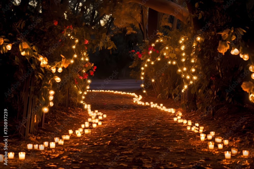 Enchanting Valentine's Day garden pathway illuminated by fairy lights, guiding the way to a surprise