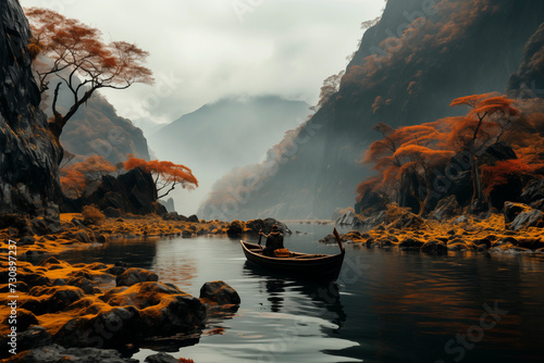 man in a canoe on a lake with an autumn background