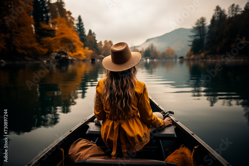 Girl in a canoe on a lake with an autumn background © Beatriz
