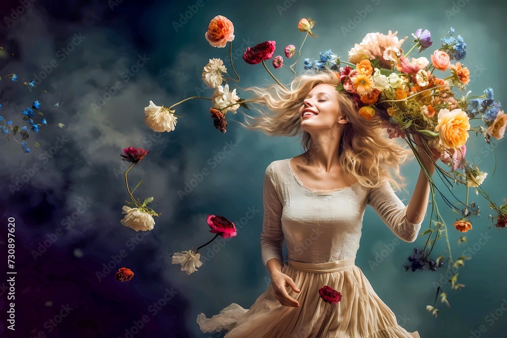 beautiful girl in a dress with levitating flowers beautiful girl in a dress with levitating flowers