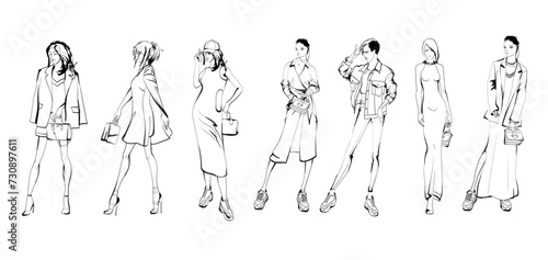 Set of young beautiful women in stylish clothes. Fashion sketch.