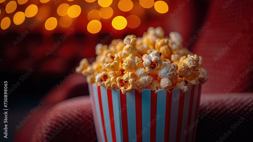 A striped popcorn box in the cinema against the background of red seats. A striped popcorn box in the cinema against the background of red seats.