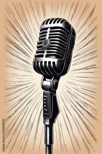 Retro microphone and rays. Recording Mic. Hand drawn vintage, sketch vintage illustration - Concept for radio or music