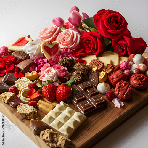 With sweets, strawberries, chocolate, and cookies, a charcuterie board for Valentine's Day is presented as a traditional and romantic holiday snack. generative AI