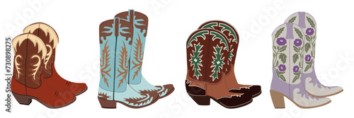 Set of different cowgirl boots. Traditional western cowboy boots decorated with embroidered wild west elements. Realistic vector art illustrations on transparent background. Digital stickers. photo