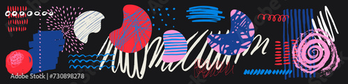 Abstract vector collage. Contemporary trendy artistic background. Kids art with hand drawn elements. Organic hand-drawn shapes and scribbles. Artistic punk style bold illustration, banner, collage