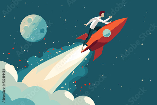 Entrepreneurship and Startup Launch Concept, Businessman Propelling Rocket, Symbolizing Business Growth, Innovation, and Success.