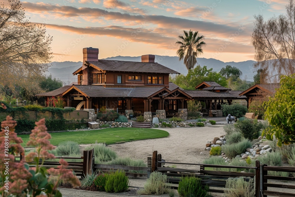 Eagle view of a craftsman house in a warm caramel brown, with a backyard boasting an Old West ghost town theme and a horse corral.