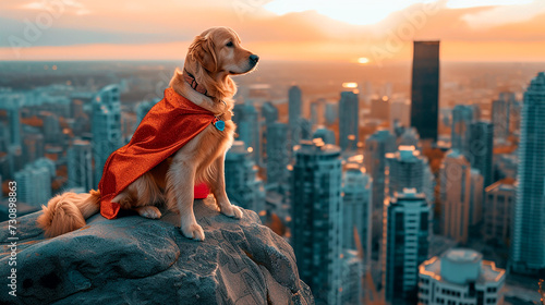Vigilante Canino: Perro Superhéroe Contemplando la Ciudad photo