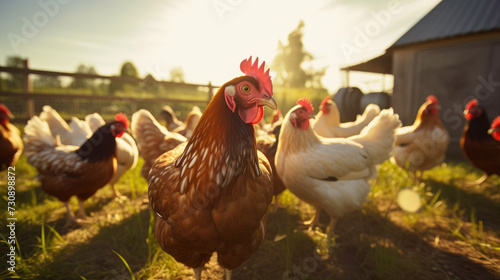 a group of chickens near a farm in the sun 
