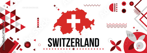 switzerland national or independence day banner for country celebration. Flag and map of switzerland with raised fists. Modern retro design with typorgaphy abstract geometric icons.