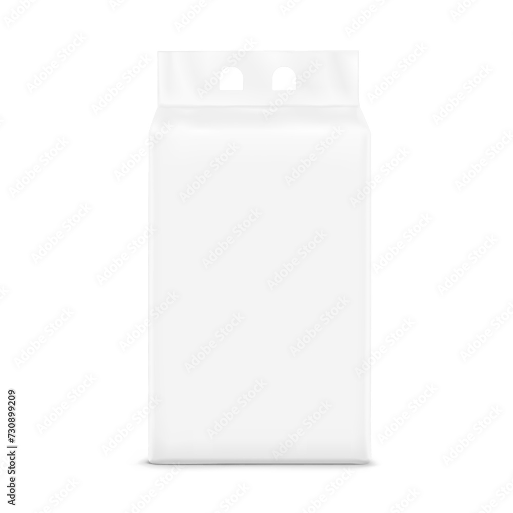 Realistic stand bag with hole handle mockup. Front view. Vector illustration isolated on white background. Ready for your design. Suite for the presentation of diaper, wet wipes. EPS10. Realistic stand bag with hole handle mockup. Front view. Vector illustration isolated on white background. Ready for your design. Suite for the presentation of diaper, wet wipes. EPS10.