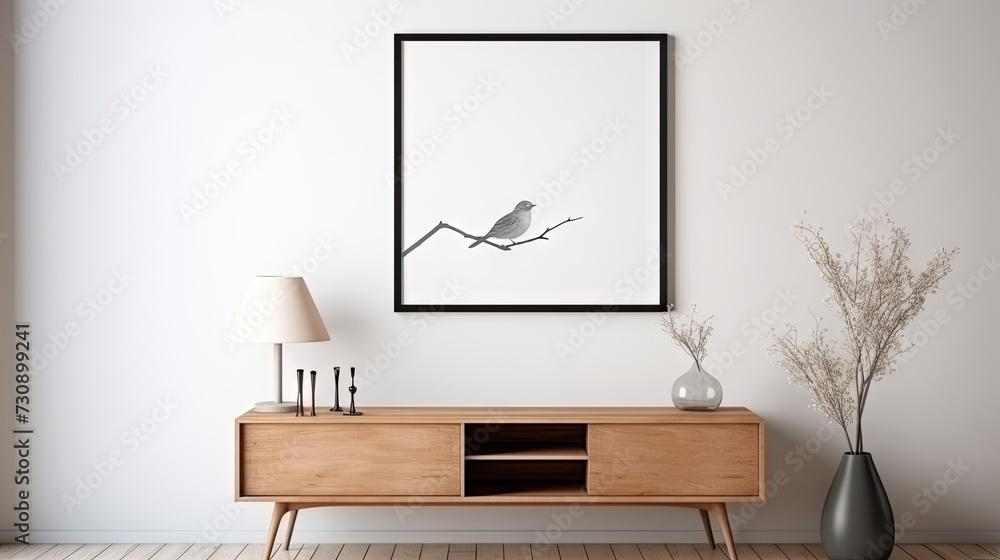 Minimalist living room with mock up poster frame, wooden sideboard, black bird sculpture, silver lamp, books, vase with flowers, and personal accessories. Home decor. Template. Minimalist living room with mock up poster frame, wooden sideboard, black bird sculpture, silver lamp, books, vase with flowers, and personal accessories. Home decor. Template.