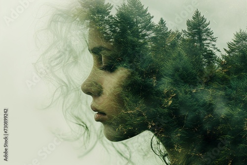 Wallpaper Mural A double exposure effect creatively merges the outline of a woman's head with the lively details of a forest basking in the sunrise's glow Torontodigital.ca